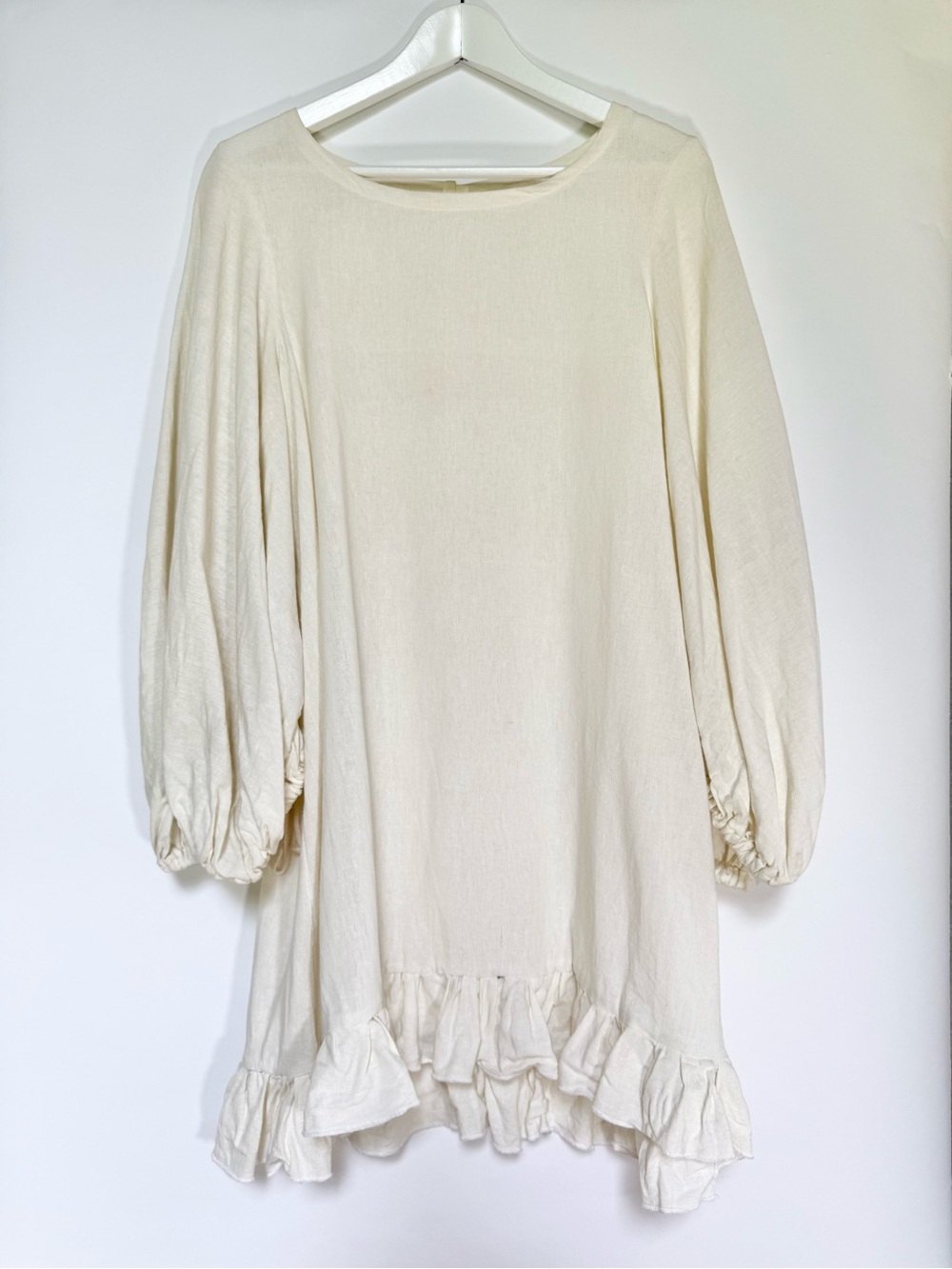 Cream Balloon Sleeve Ruffle-Hem Dress